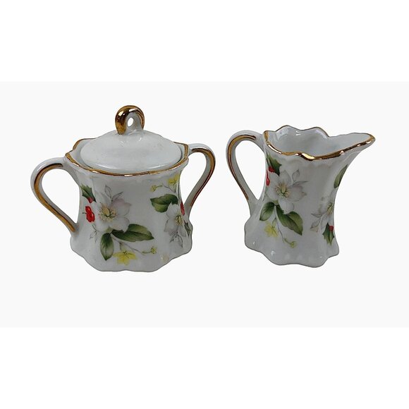 Vintage Porcelain Mini Creamer Sugar Set Floral Design Berries Leaves Gold Trim - Picture 3 of 10